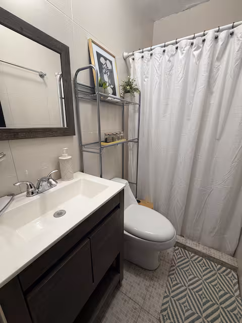 Full bathroom with vanity, mirror and shower